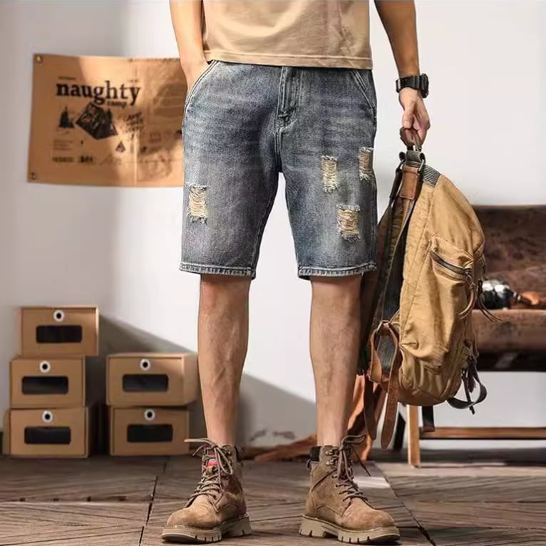 Muške pamučne traper šorceve, slobodan kroj, duljina pettočaka, ljeto, casual
