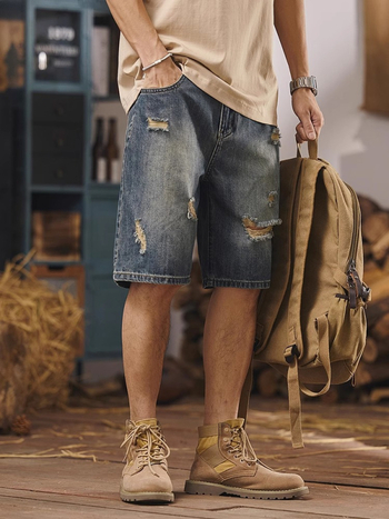 Muške šorceve s rastrganim džins izgledom, labav regularni kroj (Prozračan; 100% poliester; džin izgled)