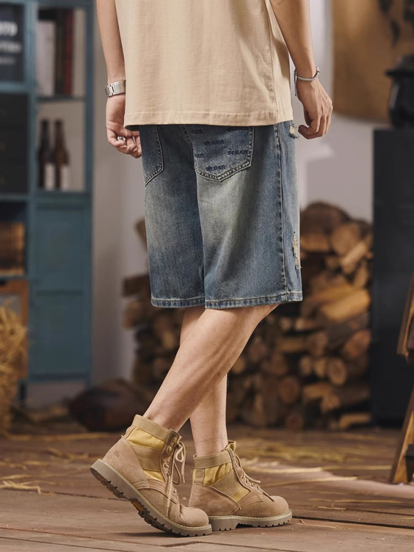 Muške šorceve s rastrganim džins izgledom, labav regularni kroj (Prozračan; 100% poliester; džin izgled)