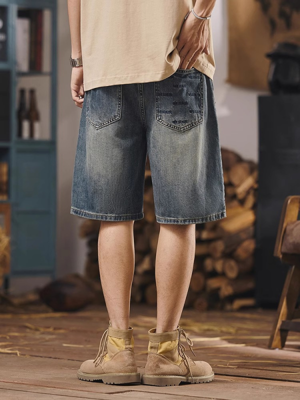 Muške šorceve s rastrganim džins izgledom, labav regularni kroj (Prozračan; 100% poliester; džin izgled)