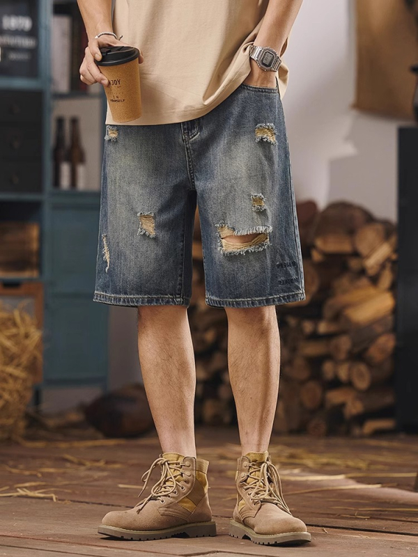 Muške šorceve s rastrganim džins izgledom, labav regularni kroj (Prozračan; 100% poliester; džin izgled)