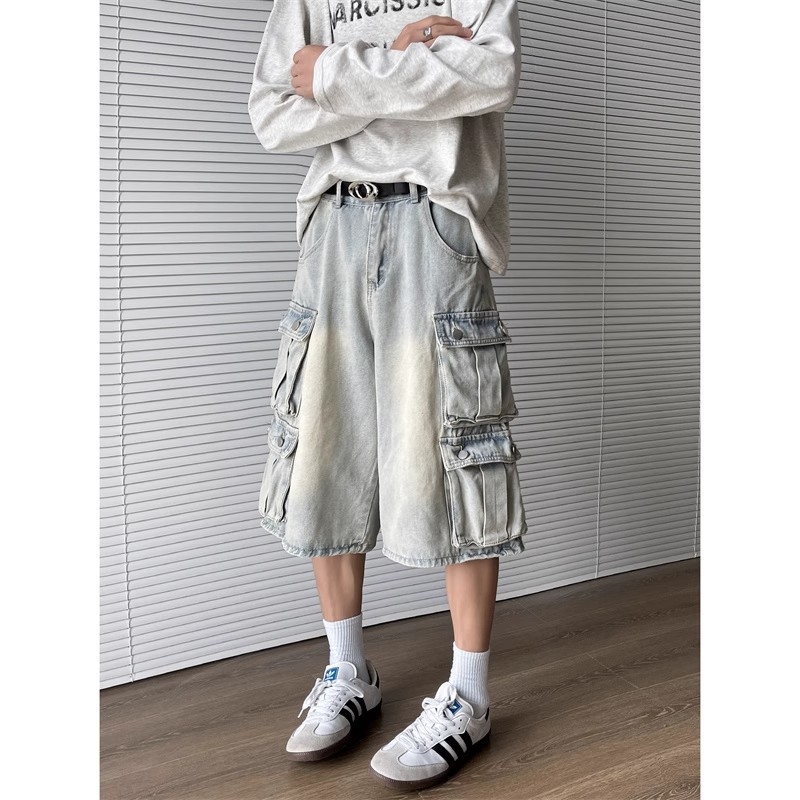 Muški traper šortse, vintage ispran, poderani rubovi, ravna silueta, srednji pojas, višestruki džepovi, pamuk