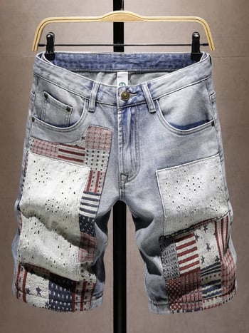 Denim šortsevi s patchwork izvezom, ravni kroj, retro stil, mješavina pamuka (68,2% pamuk, 12,7% poliester, 19,1% viskóza)