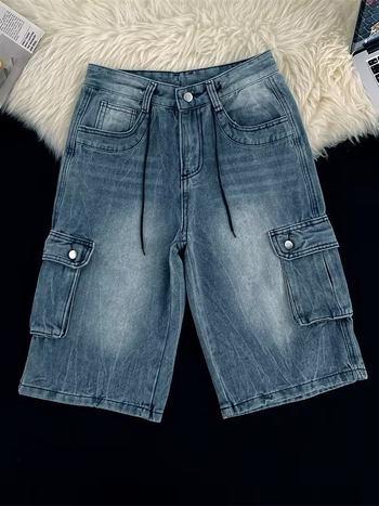 Muške traper cargo šorceve, ravni kroj, široke nogavice, višestruke džepove, ljeto 2025