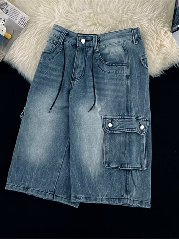 Muške traper cargo šorceve, ravni kroj, široke nogavice, višestruke džepove, ljeto 2025