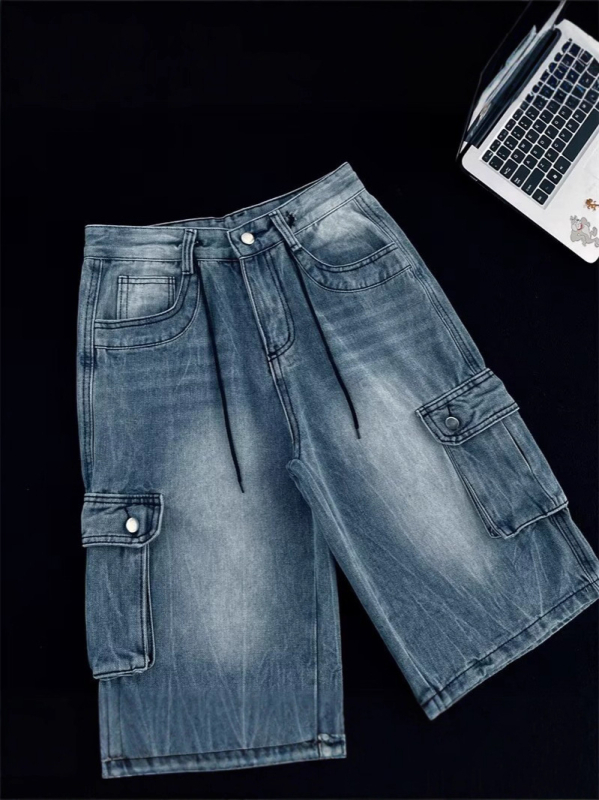 Muške traper cargo šorceve, ravni kroj, široke nogavice, višestruke džepove, ljeto 2025