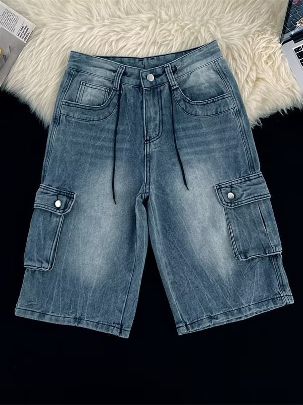 Muške traper cargo šorceve, ravni kroj, široke nogavice, višestruke džepove, ljeto 2025