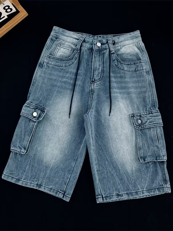 Muške traper cargo šorceve, ravni kroj, široke nogavice, višestruke džepove, ljeto 2025