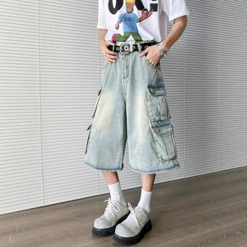 DAHUA Férfi denim rövidnadrág, koreai stílus, laza szabás, Capri hossz, pamut