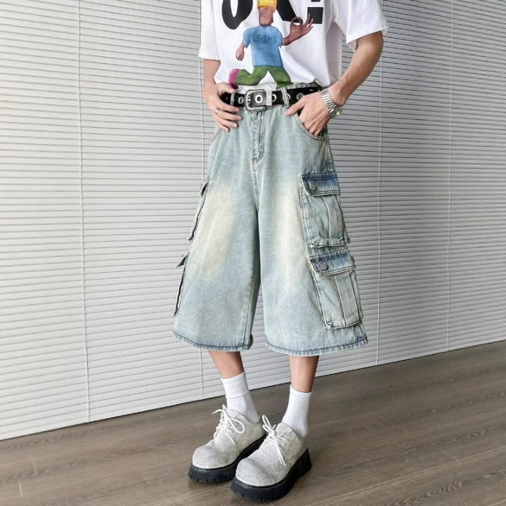 DAHUA Férfi denim rövidnadrág, koreai stílus, laza szabás, Capri hossz, pamut