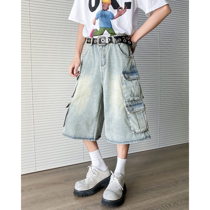 DAHUA Férfi denim rövidnadrág, koreai stílus, laza szabás, Capri hossz, pamut