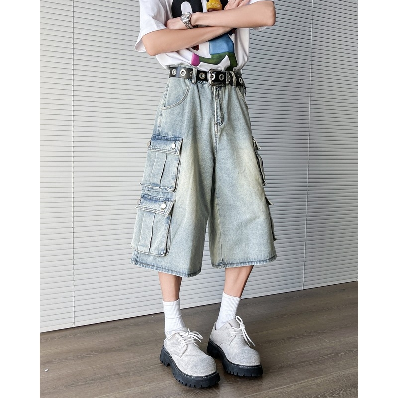 DAHUA Férfi denim rövidnadrág, koreai stílus, laza szabás, Capri hossz, pamut