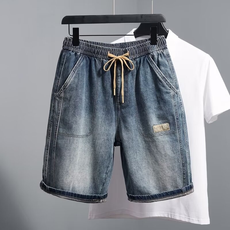 Muške denim kratke hlače – slobodan kroj, srednji pojas, detalji s patch-ovima, poliester tkanina, ležerni stil, ljeto 2024