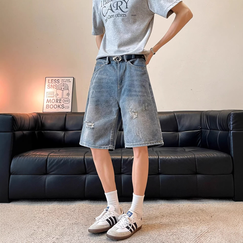 Muški traper šorc, ravni kroj, bez rastezljivosti, ljetni casual streetwear, 60% pamuk