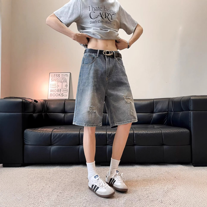 Muški traper šorc, ravni kroj, bez rastezljivosti, ljetni casual streetwear, 60% pamuk