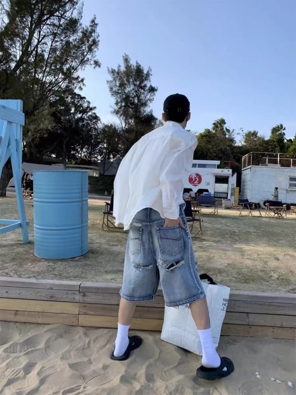 Muški traper šorc s pranjem i oštećenjima, korejski stil, ravni kroj, srednji pojas, gumb za zatvaranje