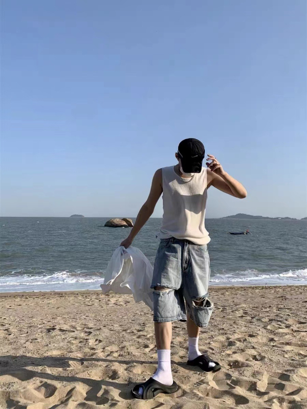 Muški traper šorc s pranjem i oštećenjima, korejski stil, ravni kroj, srednji pojas, gumb za zatvaranje