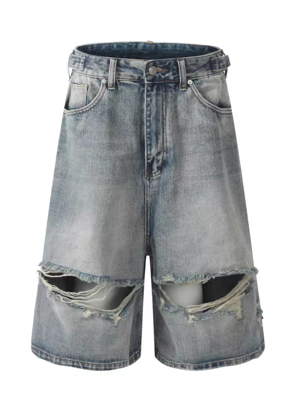 Muški traper šorc s pranjem i oštećenjima, korejski stil, ravni kroj, srednji pojas, gumb za zatvaranje