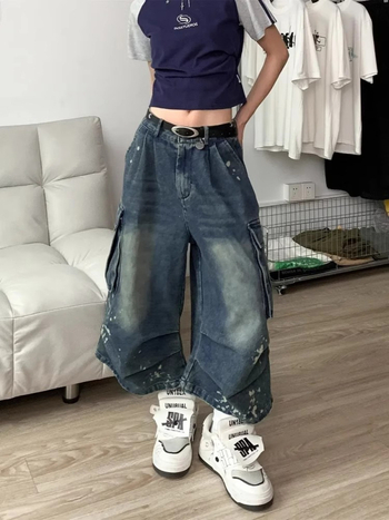 Denim Capri hlače - sprej bojano završetak, unisex, ravni kroj, mikroelastičnost, pamuk-mješavina, ljeto, proljetno izdanje 2025