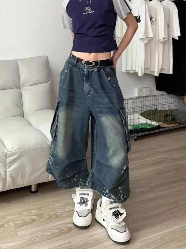 Denim Capri hlače - sprej bojano završetak, unisex, ravni kroj, mikroelastičnost, pamuk-mješavina, ljeto, proljetno izdanje 2025
