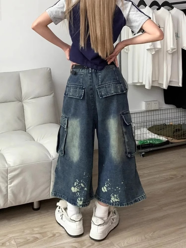Denim Capri hlače - sprej bojano završetak, unisex, ravni kroj, mikroelastičnost, pamuk-mješavina, ljeto, proljetno izdanje 2025