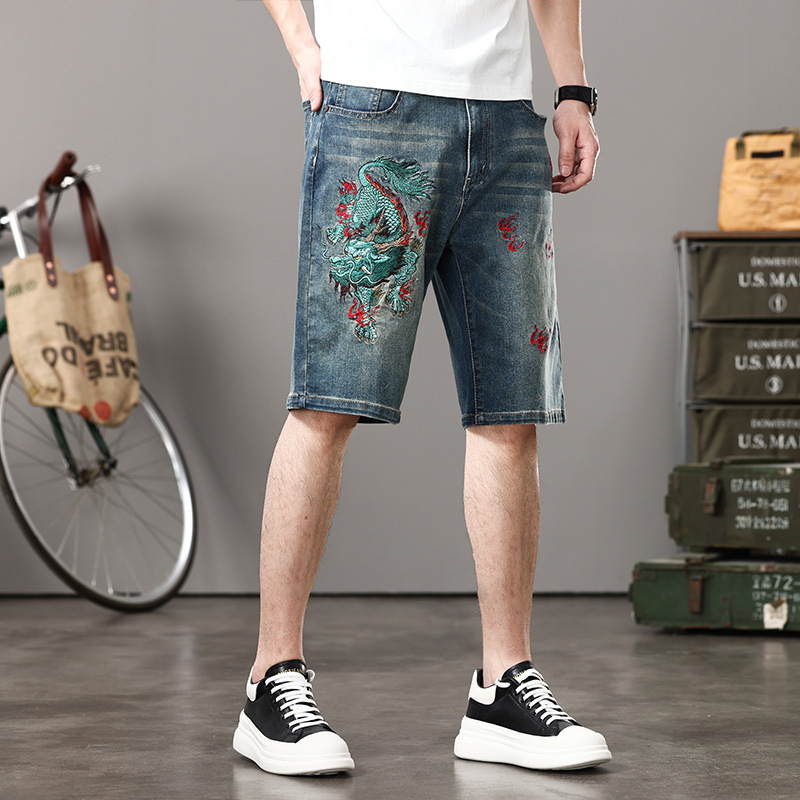 Muške traper šorceve s vezom, gradski stil, uska kroj, srednji pojas, 90% pamuka
