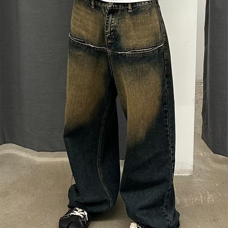 Muške traperice distressed retro, široki kroj, široke nogavice, niska struk, zatvarač na zip, visoka elastičnost