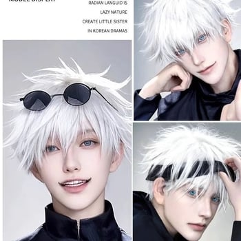 Jujutsu Kaisen Gojo Satoru cosplayparóka, modell D69K, magas hőmérsékletű szálból, gyártási mechanizmus, színezhető és göndöríthető, cosplay paróka