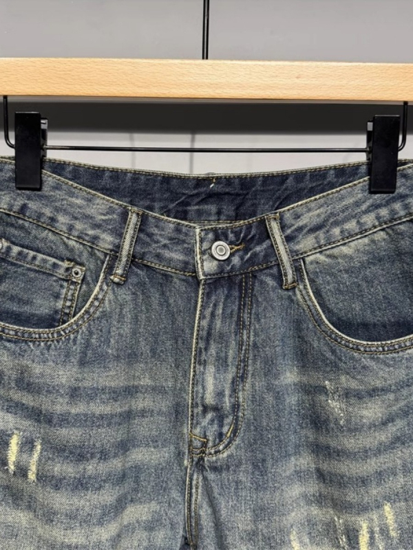 Muške kratke hlače od denima – poderane, retro, ravni kroj, Cowboy denim, ljeto 2025, pamuk 68.2% / poliester 12.7% / viskoz 19.1%