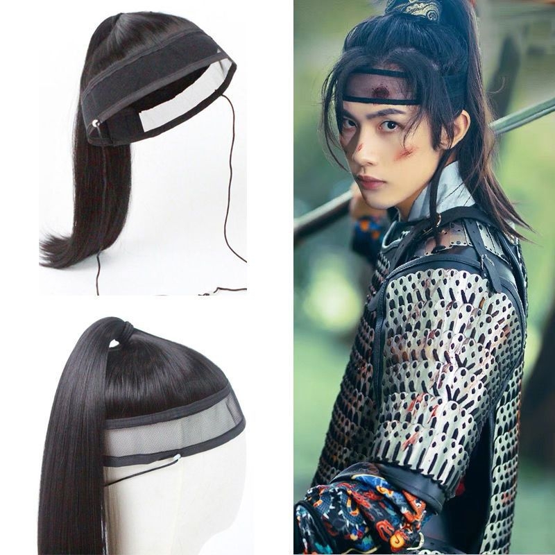 Perucă masculină Hanfu VM74 — păr lung, fibre rezistente la temperaturi ridicate, nu pentru vopsire cu temperaturi mari, stilizare