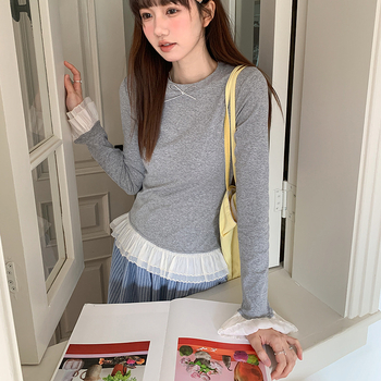 Ženska majica T-shirt s mašnicom i šavnim detaljima, jednobojna, okrugli izrez, opuštenog kroja