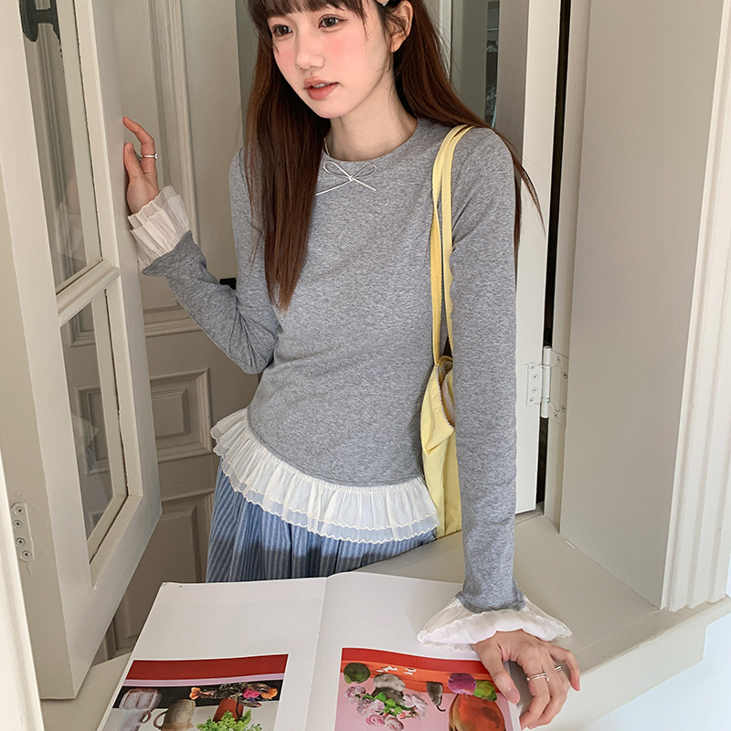 Ženska majica T-shirt s mašnicom i šavnim detaljima, jednobojna, okrugli izrez, opuštenog kroja