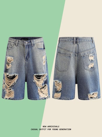 Capri hlače, hip-hop poderani denim, slobodan ravni kroj, pranje vodom, zatvarač
