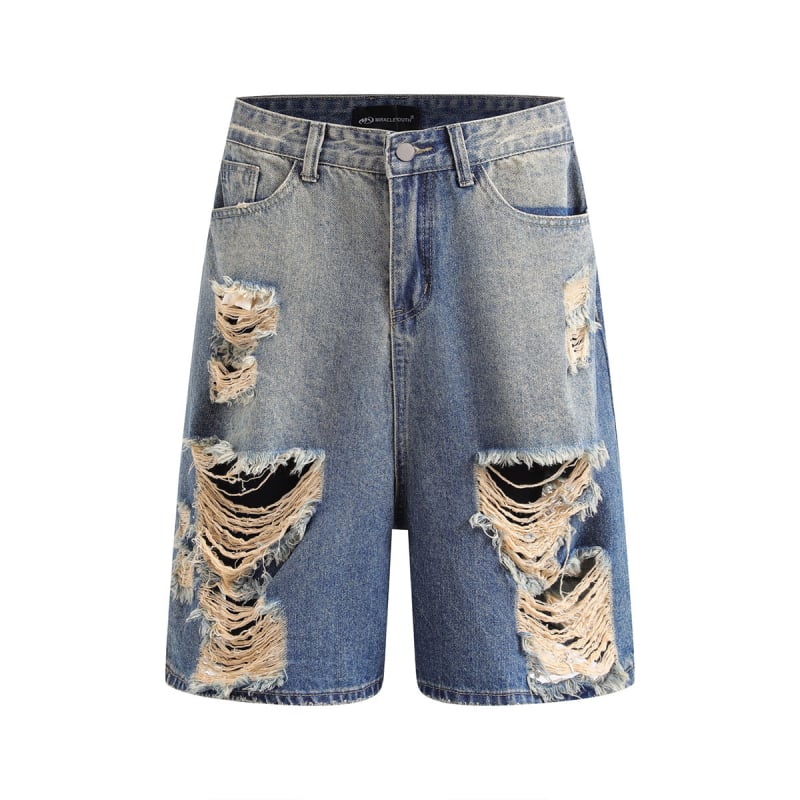Capri hlače, hip-hop poderani denim, slobodan ravni kroj, pranje vodom, zatvarač