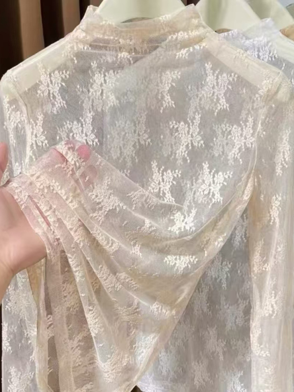 Ženski mrežasti čipkasti top s kapuljačom, uski kroj, dugi rukavi, visoki ovratnik