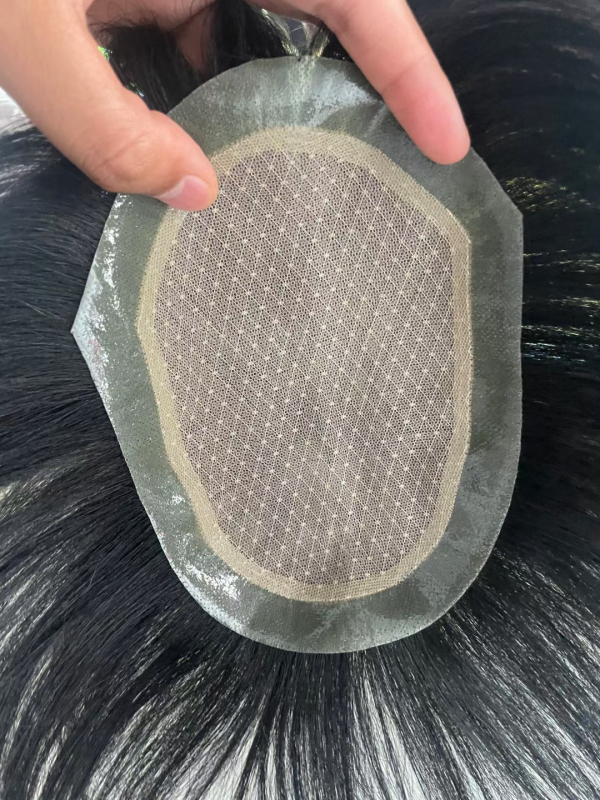 Perucă bărbătească țesută manual, scurtă, din păr natural, respirabilă; înlocuire a părului; poate fi vopsită și supusă permului