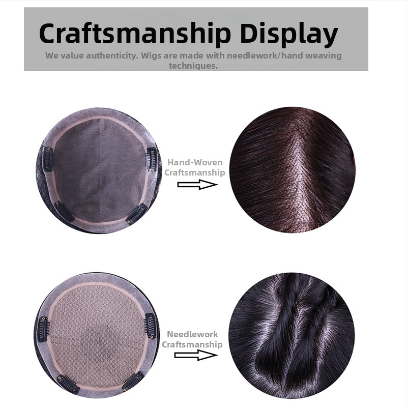 Perucă bărbătească țesută manual, scurtă, din păr natural, respirabilă; înlocuire a părului; poate fi vopsită și supusă permului