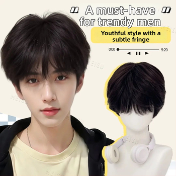 Ανδρική περούκα, τρίχες από υψηλής θερμοκρασίας μεταξωτού υλικού, ίσια φράντζα, τεχνολογία μηχανισμού, μη βαφεται ή περμανώνεται