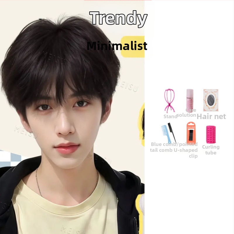 Ανδρική περούκα, τρίχες από υψηλής θερμοκρασίας μεταξωτού υλικού, ίσια φράντζα, τεχνολογία μηχανισμού, μη βαφεται ή περμανώνεται