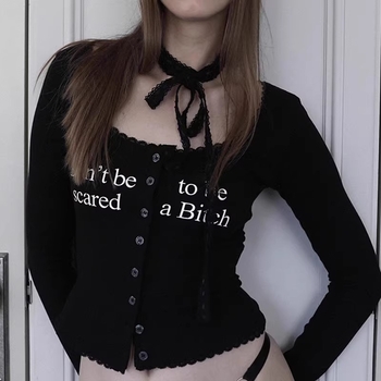 Tricou dama din seria Korean Badblood BCAC, din bumbac, imprimeu text, mâneci scurte, guler rotund, croială slim