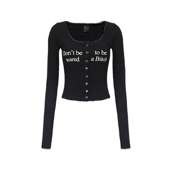 Tricou dama din seria Korean Badblood BCAC, din bumbac, imprimeu text, mâneci scurte, guler rotund, croială slim