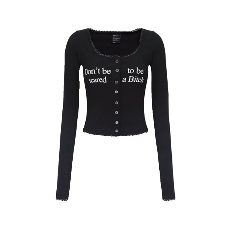 Tricou dama din seria Korean Badblood BCAC, din bumbac, imprimeu text, mâneci scurte, guler rotund, croială slim