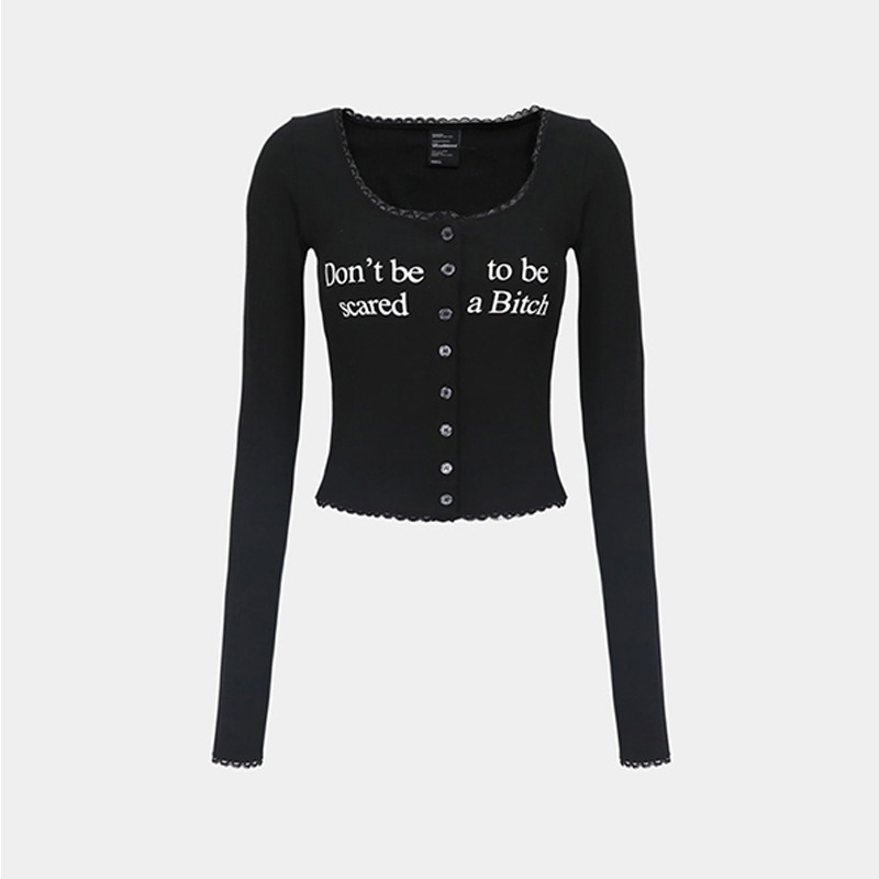 Tricou dama din seria Korean Badblood BCAC, din bumbac, imprimeu text, mâneci scurte, guler rotund, croială slim