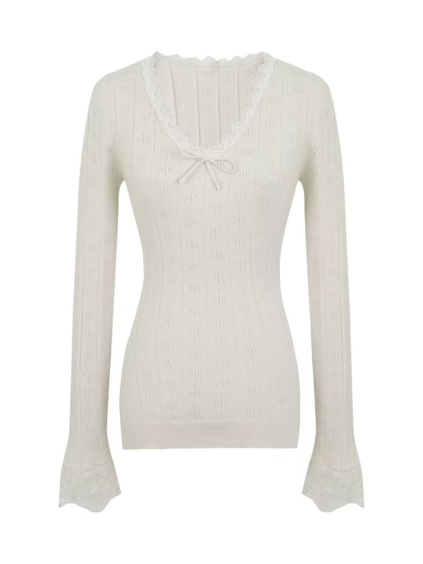 Pleteni top s čipkastim rubom i V-izrezom, dugi rukavi, vizualno sužava struk, jesenski stil