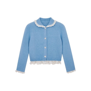 Pleteni kardigan s ovratnikom Doll collar, uski kroj, kopčanje na jedan red gumba, vuneno-kasmirno mješavina (50-70% vuna, 30-50% kasmira)