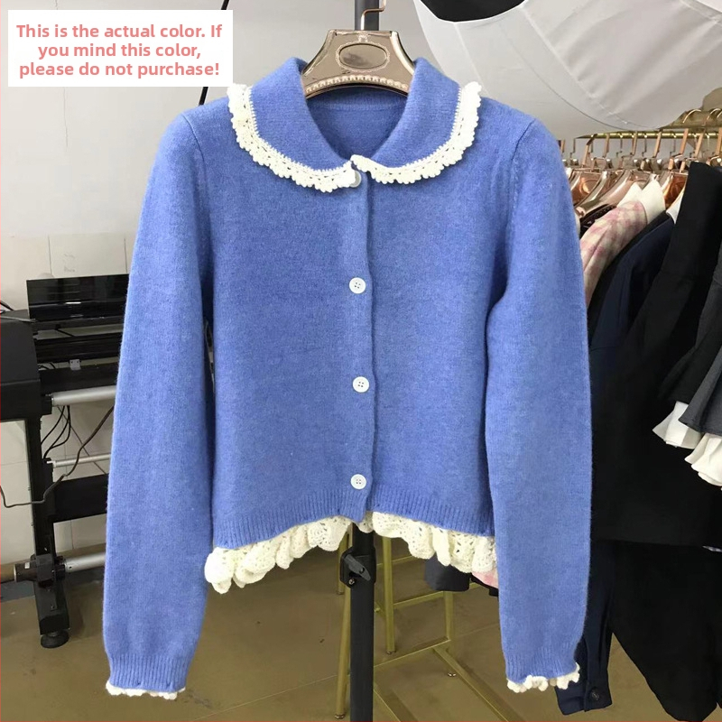 Pleteni kardigan s ovratnikom Doll collar, uski kroj, kopčanje na jedan red gumba, vuneno-kasmirno mješavina (50-70% vuna, 30-50% kasmira)