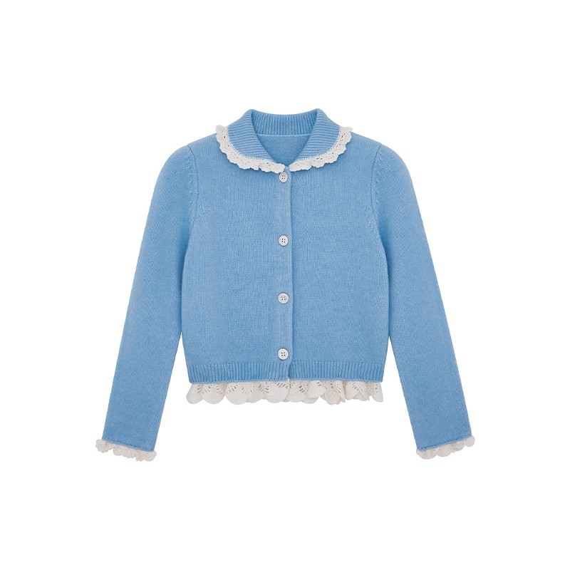 Pleteni kardigan s ovratnikom Doll collar, uski kroj, kopčanje na jedan red gumba, vuneno-kasmirno mješavina (50-70% vuna, 30-50% kasmira)