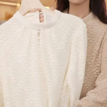 Ženski top s flis podstavom, čipkasti Jacquard, ovratnik s perlama, okrugli izrez, dugi rukavi