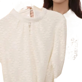 Ženski top s flis podstavom, čipkasti Jacquard, ovratnik s perlama, okrugli izrez, dugi rukavi