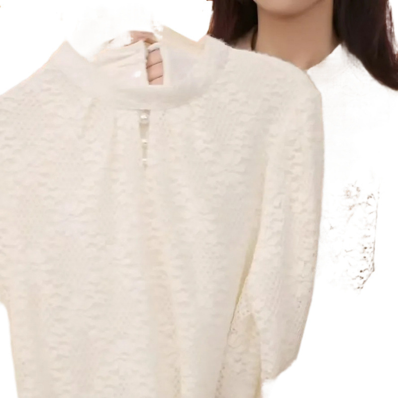 Ženski top s flis podstavom, čipkasti Jacquard, ovratnik s perlama, okrugli izrez, dugi rukavi